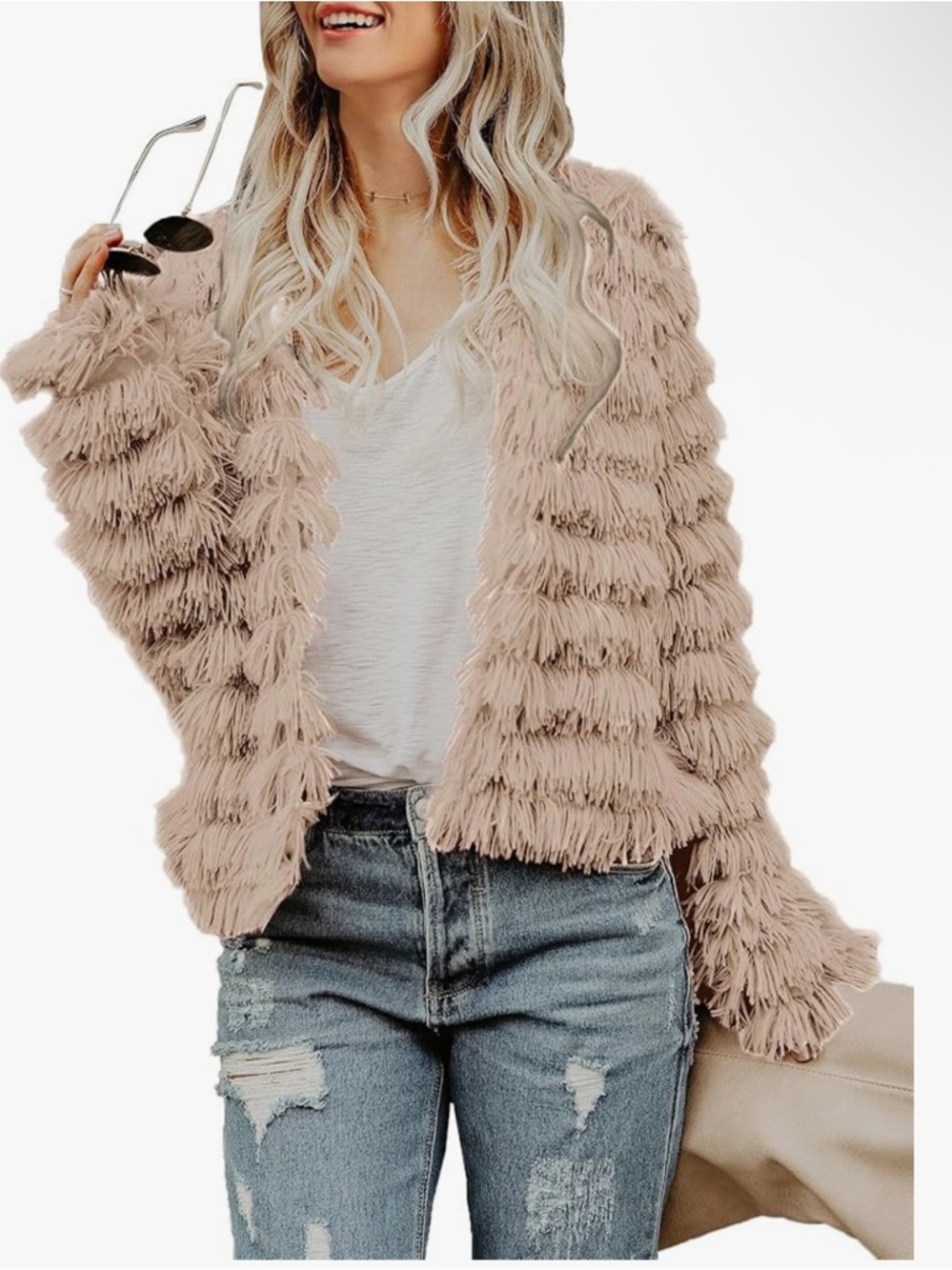 Womens Faux Fur Shaggy Open Front Coat Jacket Size L Beige Pink Lightweight - Picture 11 of 12
